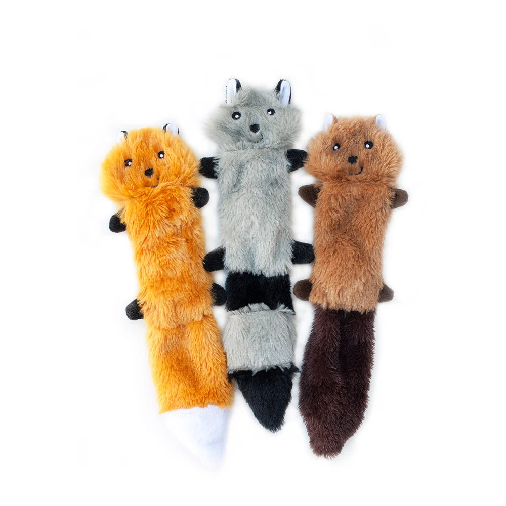 Zippy Paws Skinny Peltz fox, raccoon and squirrel plush dog toys seen from another angle