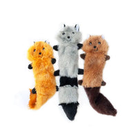 Three Zippy Paws Skinny Peltz stuffing-free plush dog toys: fox, raccoon and squirrel