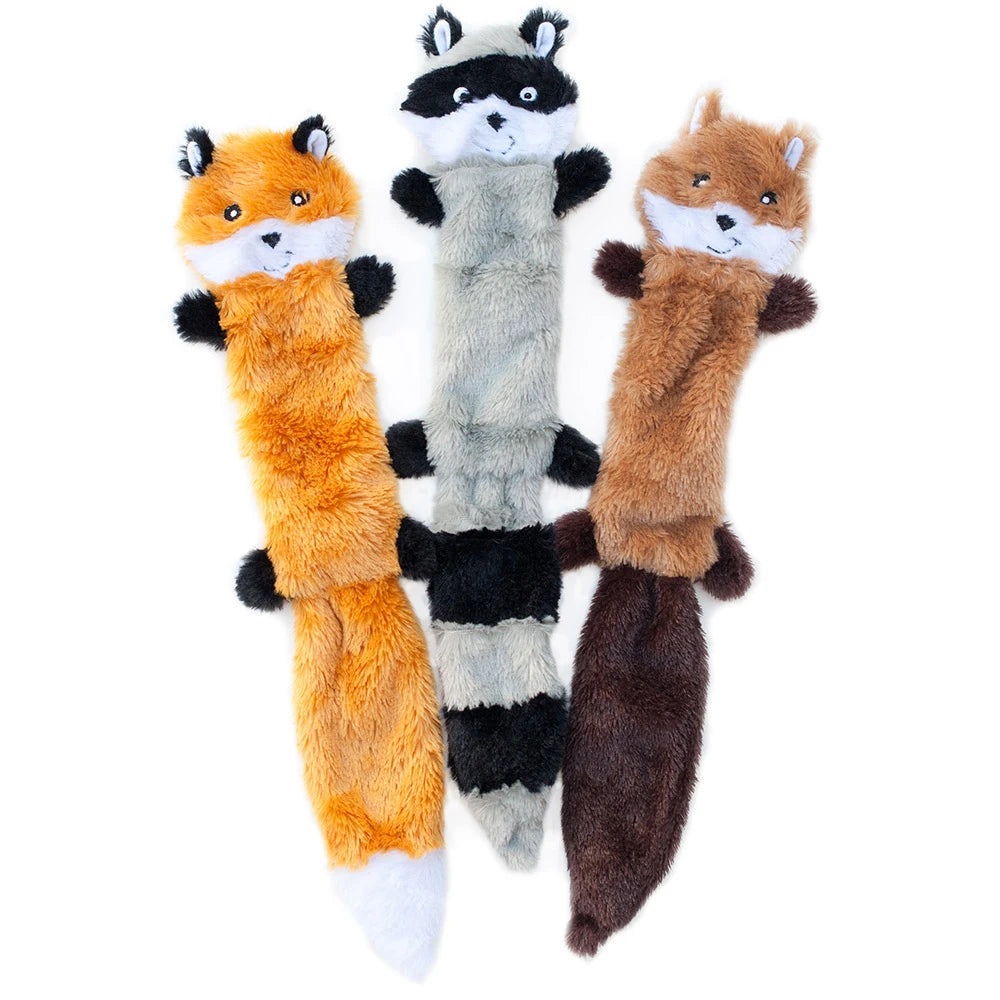 Zippy Paws Skinny Peltz fox, raccoon and squirrel plush dog toys seen from another angle
