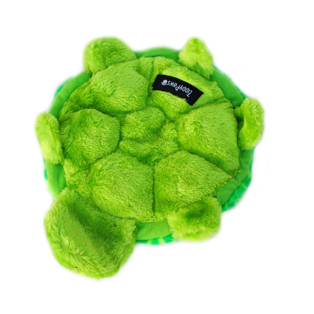 Zippy Paws Squeakie Crawler turtle dog toy seen from above, showing its patterned shell