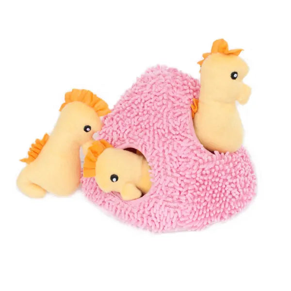 Zippy Paws Dog Toys Plush Burrow - Coral with 3 Seahorses 01