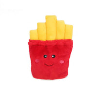 Zippy Paws NomNomz plush dog toy shaped as a carton of hot chips, on a white background