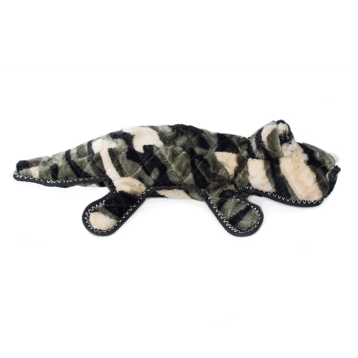 Zippy Paws Grunterz camo gator plush dog toy shown side-on at full length