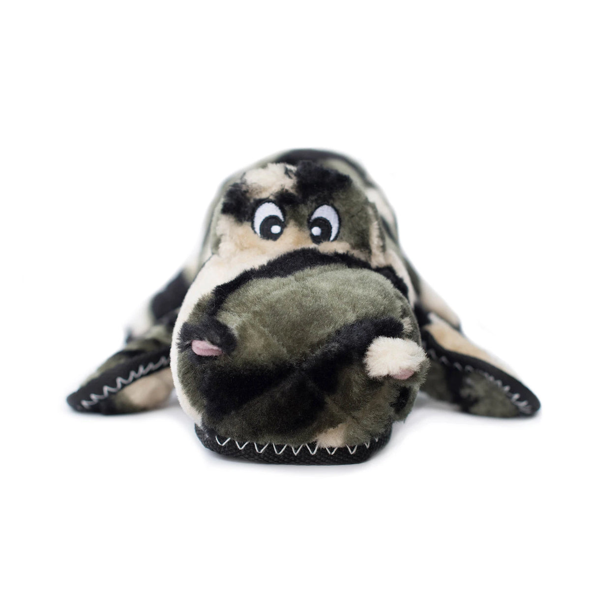 Close-up of the head of a Zippy Paws Grunterz camo gator plush dog toy