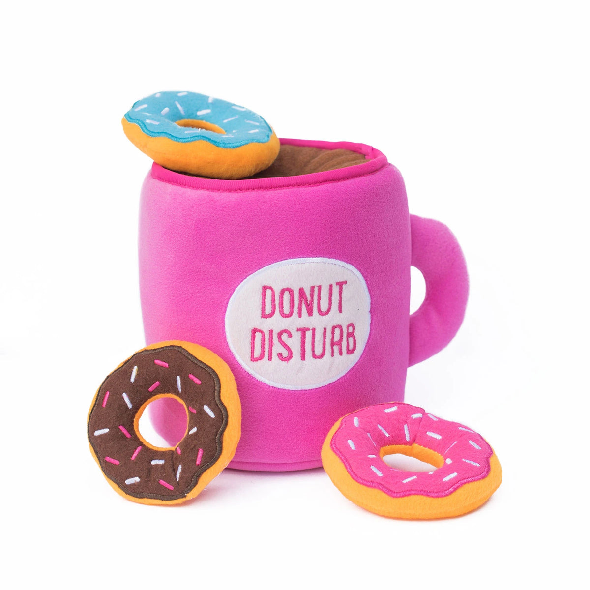 Zippy Paws Donutz Burrow plush coffee mug dog toy with squeaky donuts