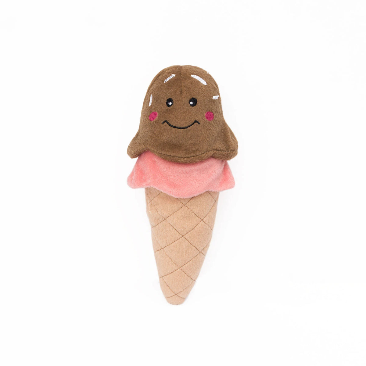 Zippy Paws NomNomz plush dog toy shaped as an ice cream cone, on a white background