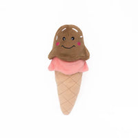 Zippy Paws NomNomz plush dog toy shaped as an ice cream cone, on a white background